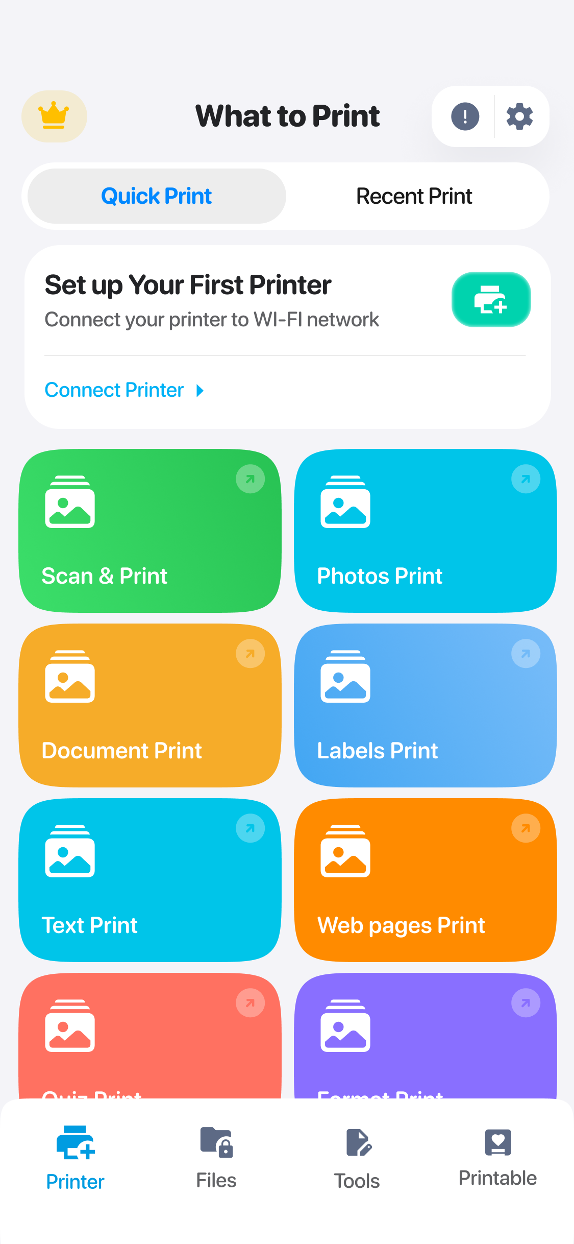 Printer app home screen